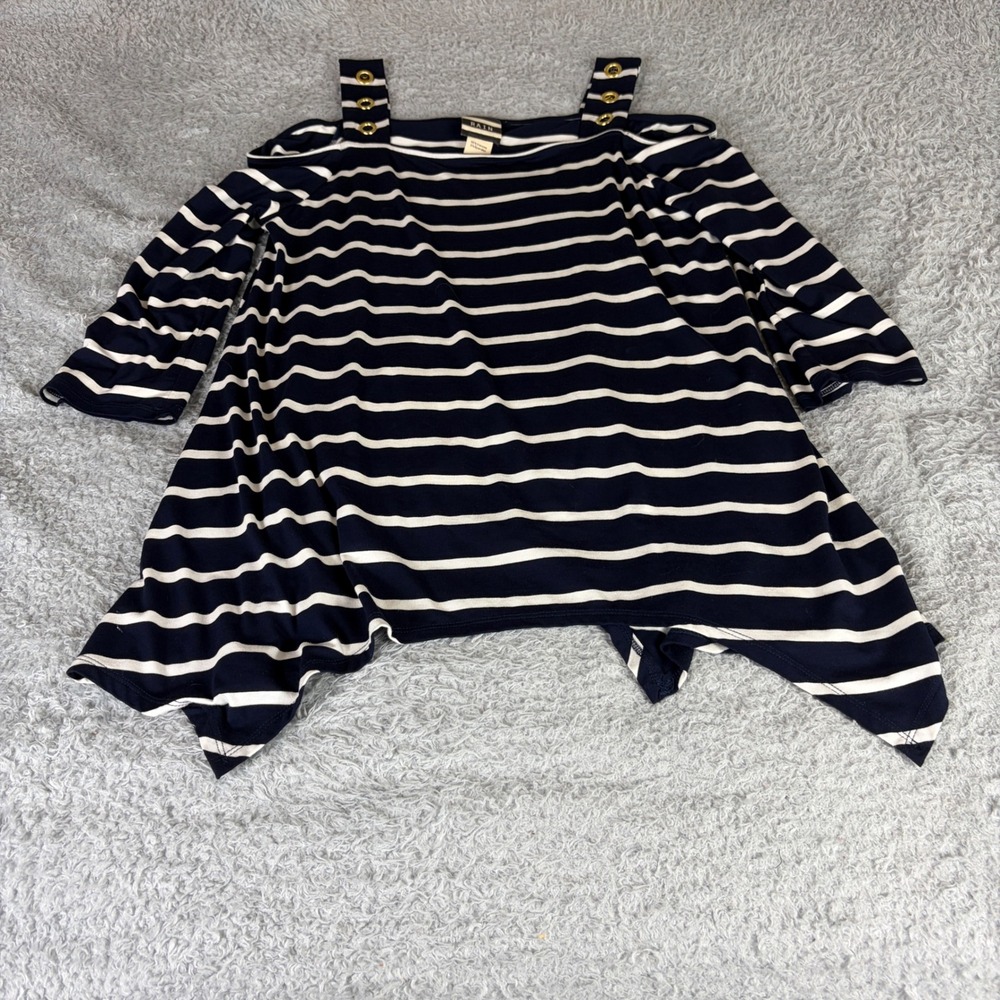 Rain Navy White Striped Cold Shoulder Handkerchief Hem Tunic Top Large